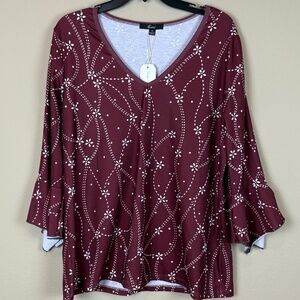 Shall We Maroon w/ White Floral/Dotted Line Pattern Blouse; Size 2XL NWT